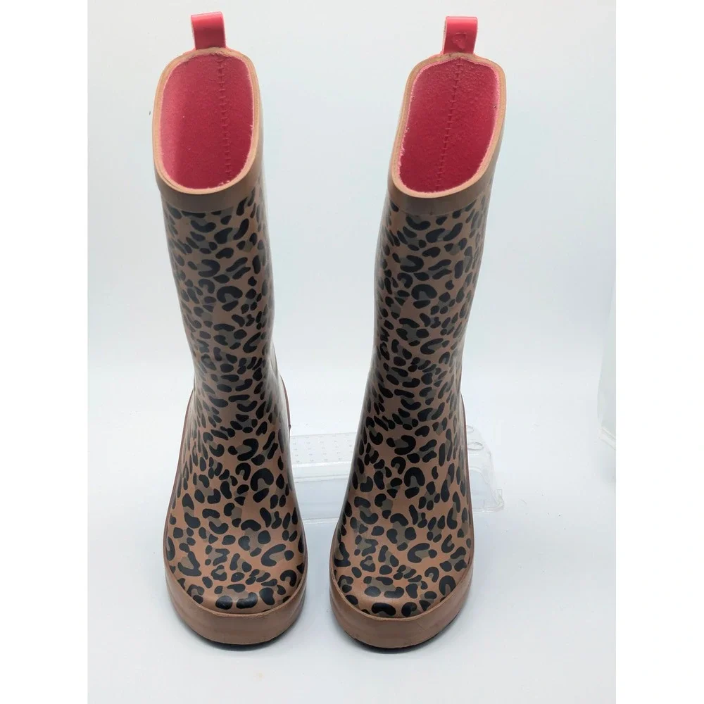 Girls Leopard Print Rain Boots Size 3 Brown Pink Waterproof Mid Calf Boots